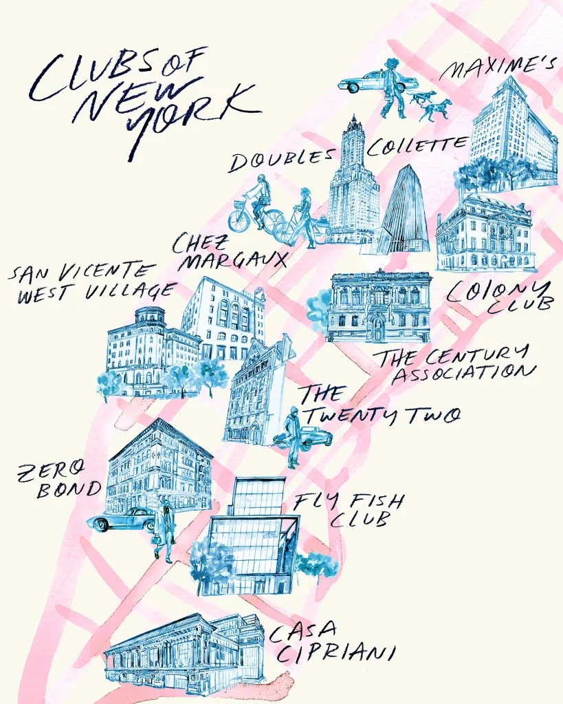 Illustrated map of New York private clubs by Samantha Hahn for Vogue