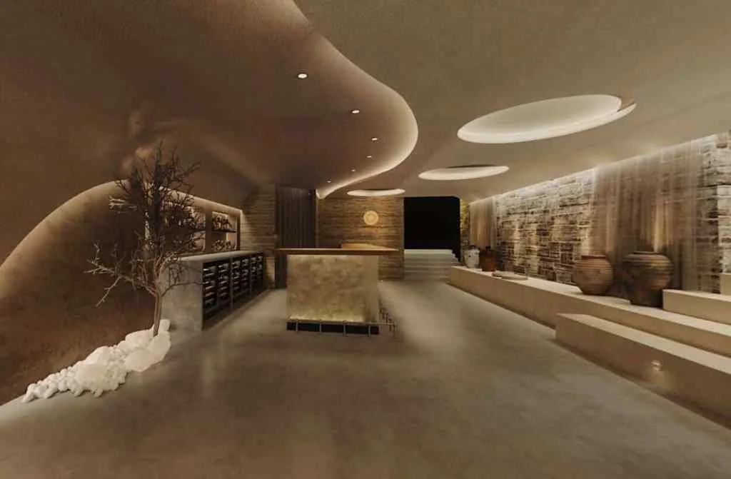 Underground lounge with a curved ceiling and stone wall at Moonrise in Tribeca